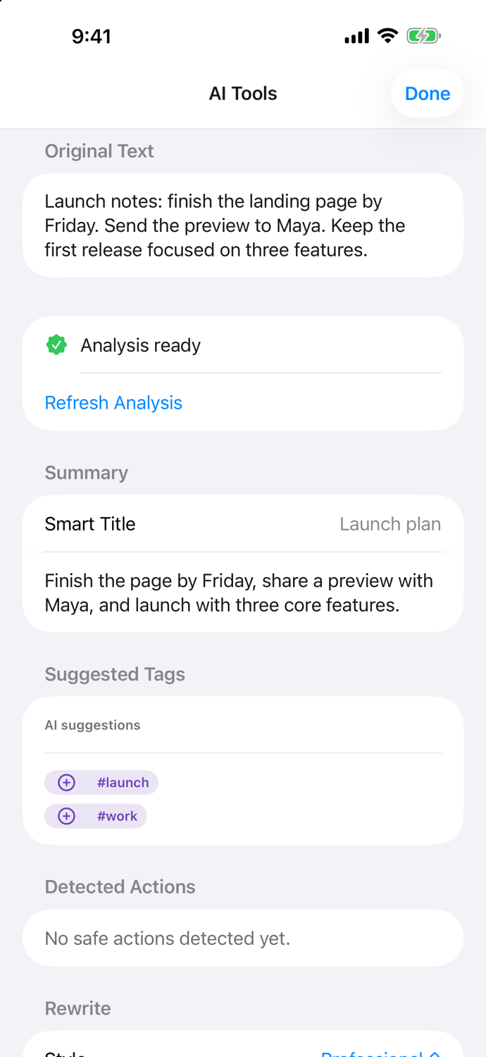 Clipboard Pro+ AI Tools screen showing a summary, smart title, and suggested tags for a saved clip.
