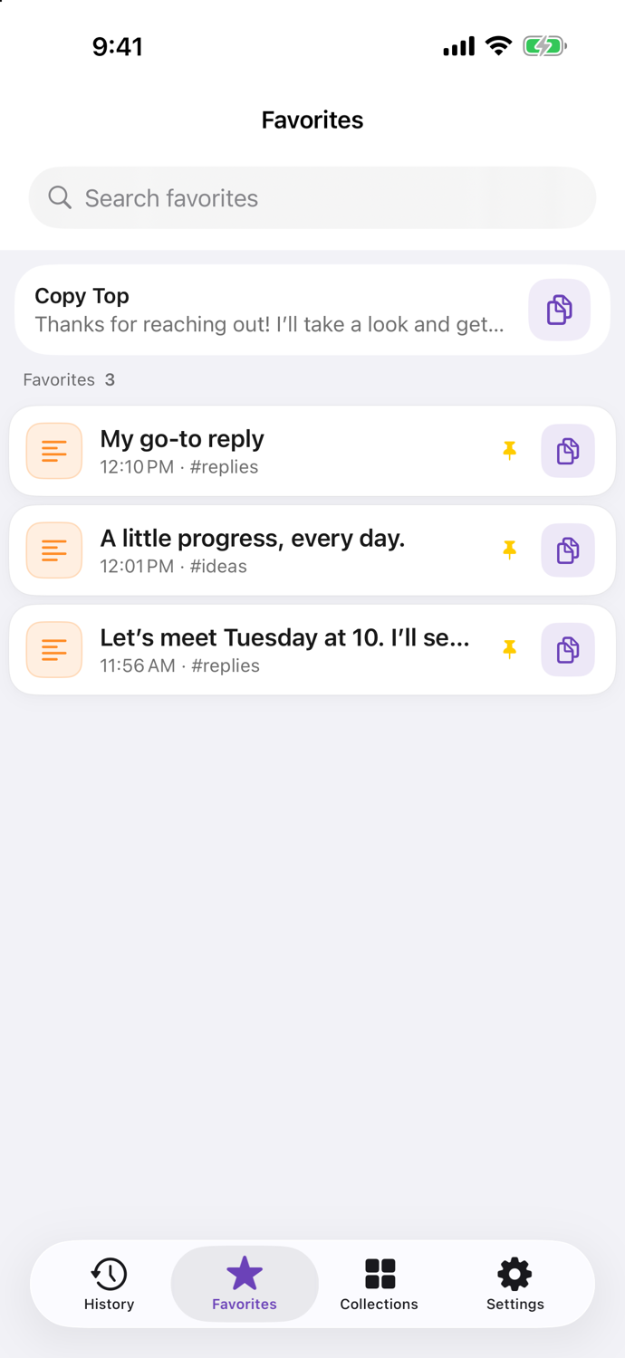 Favorites screen with pinned replies and notes.