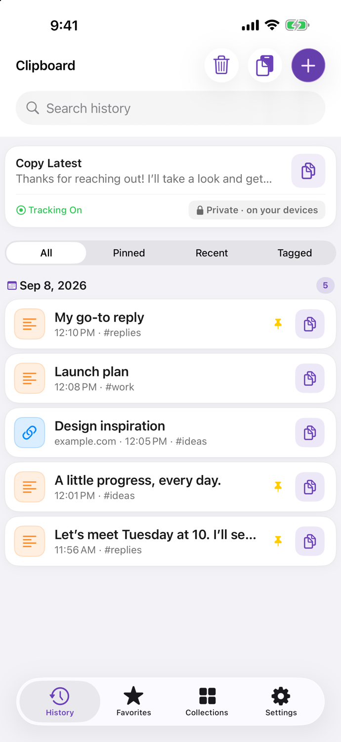 Clipboard Pro+ on iPhone showing searchable history, saved clips, and Favorites.