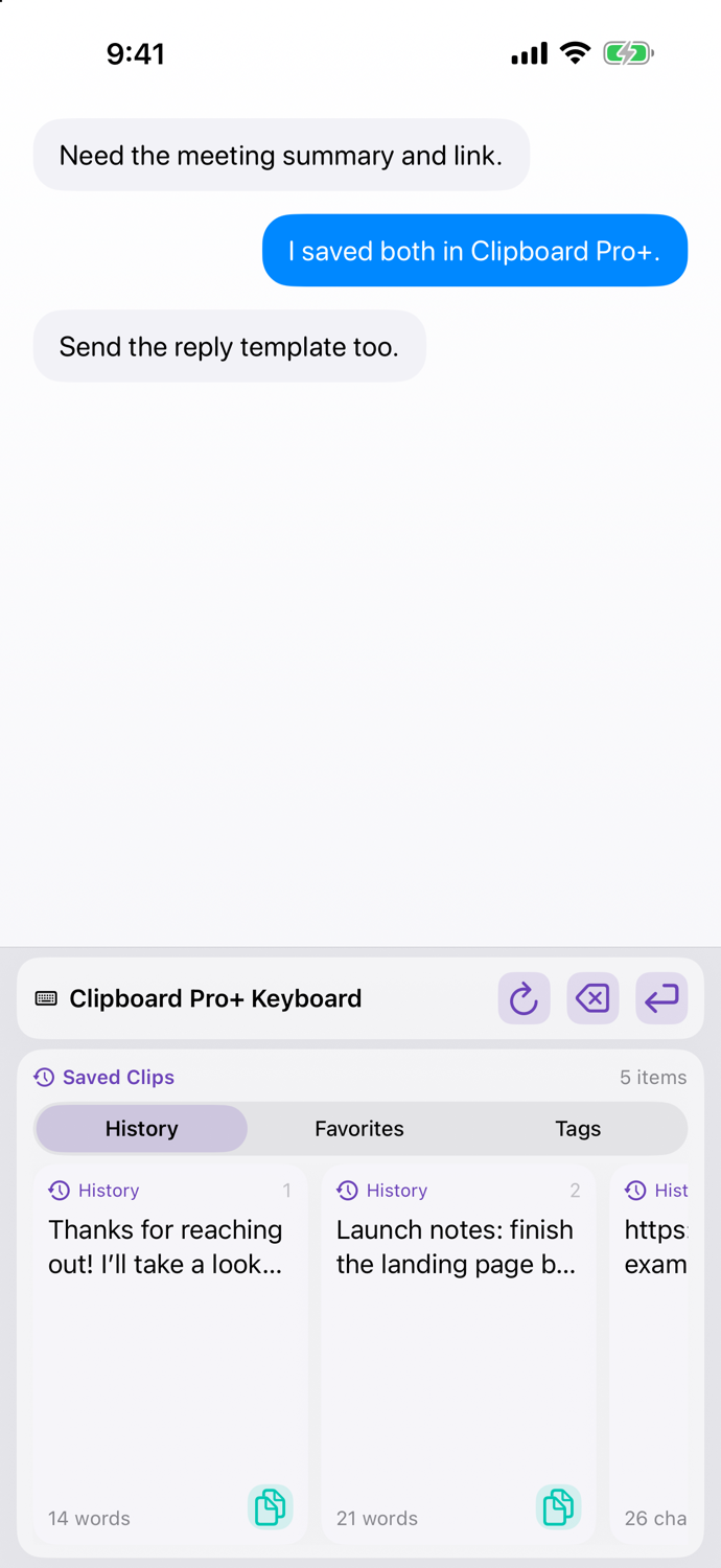 Clipboard Pro+ keyboard showing saved clips in a conversation.