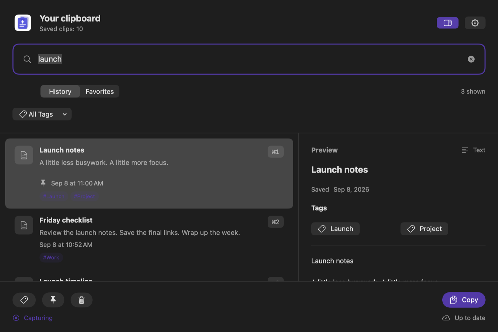 Dark Mac search view showing a search for launch notes, matching clips, tags, and a copy action.