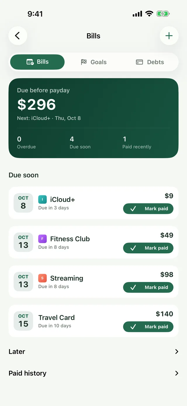 Bills screen listing bills due before payday