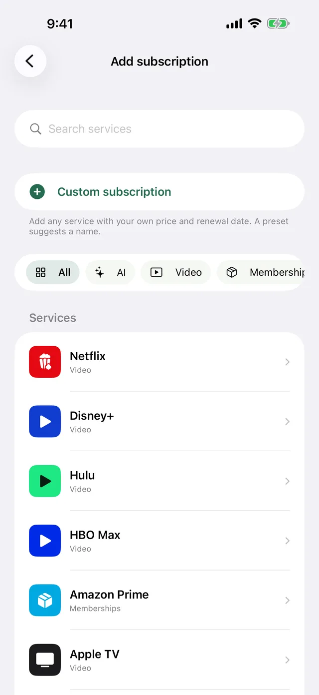 Add subscription screen with a service catalog