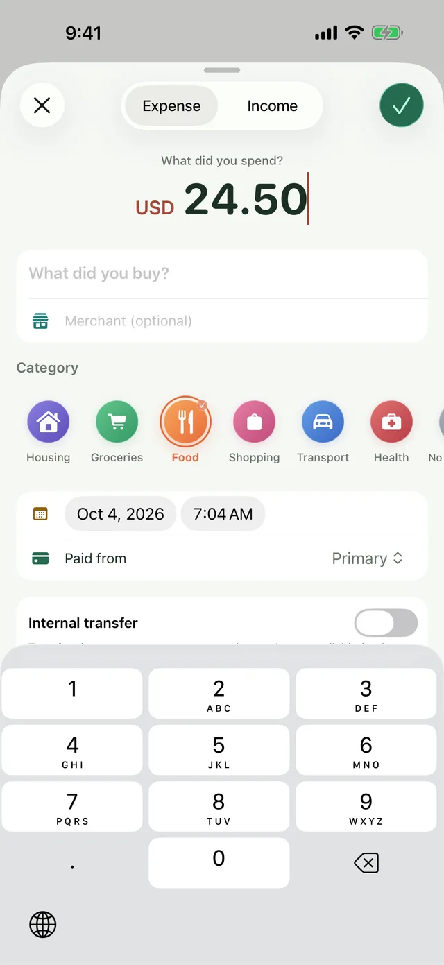 Quick entry screen for a new expense