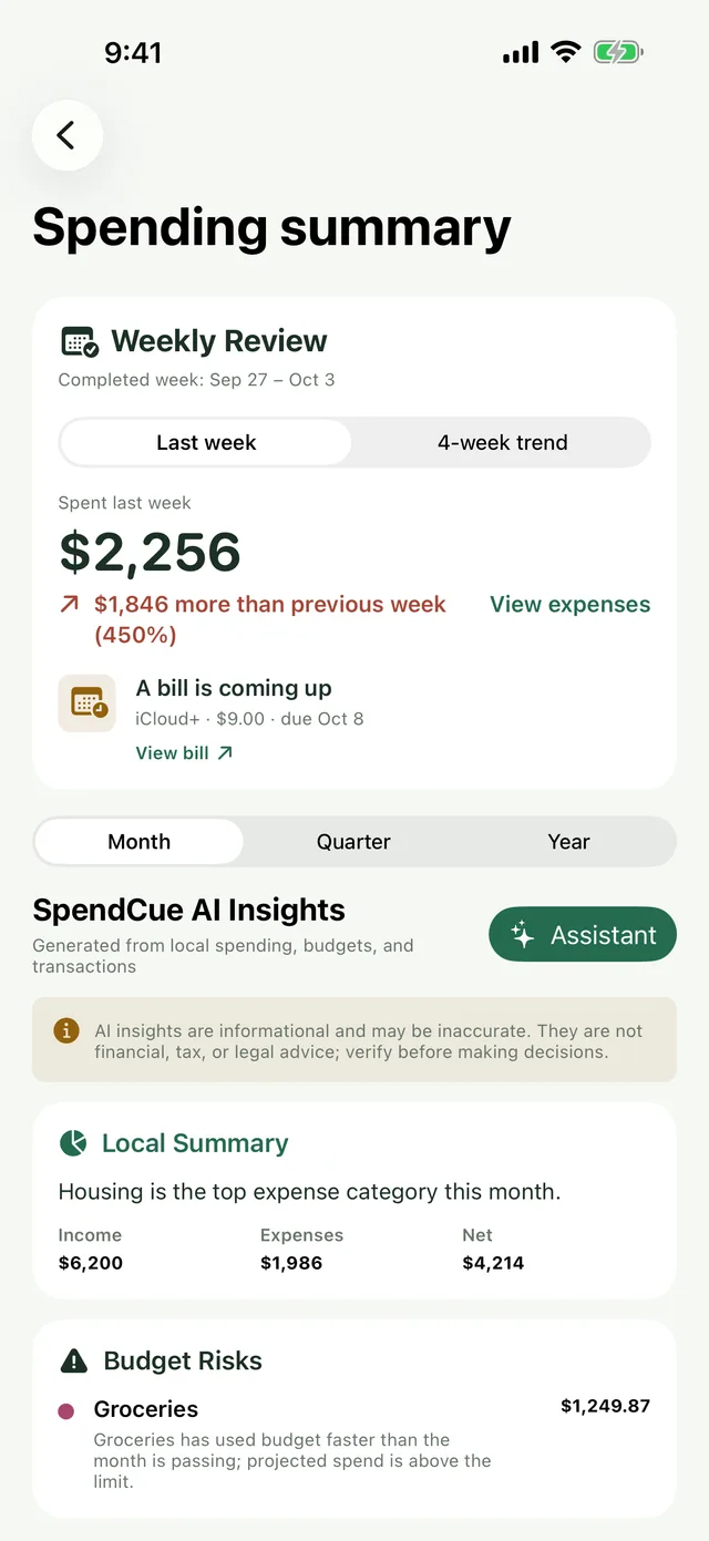 Weekly spending summary screen