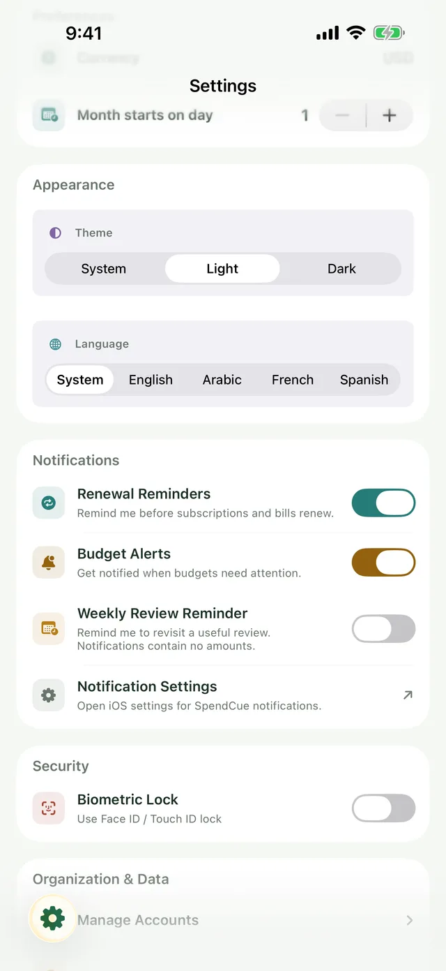 Settings screen with app icons and reminders