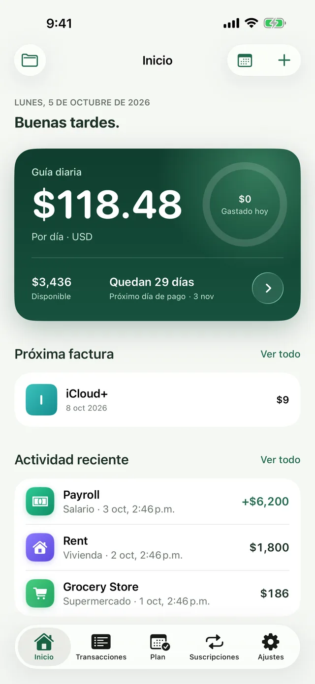Pantalla de inicio con la guía diaria