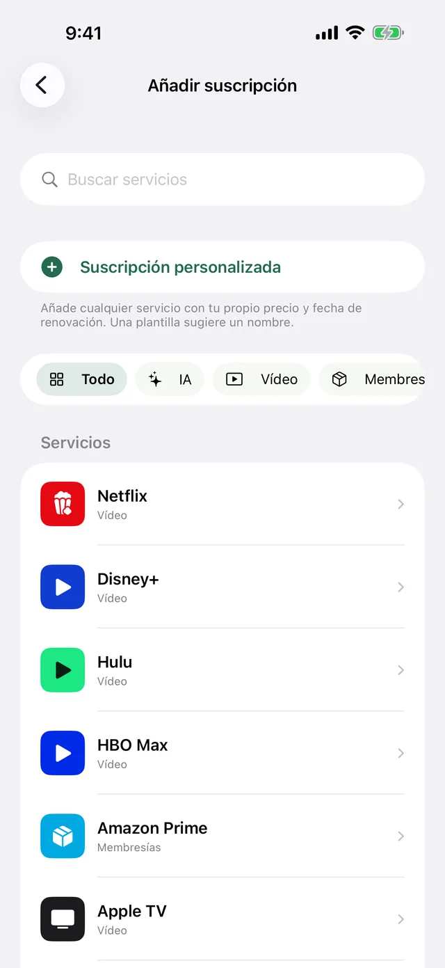 Pantalla para añadir una suscripción con el catálogo