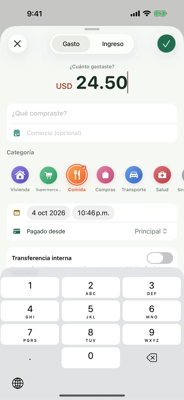 Pantalla de registro rápido de un gasto
