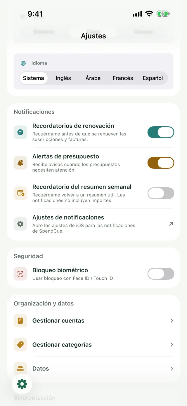 Pantalla de ajustes con iconos y recordatorios