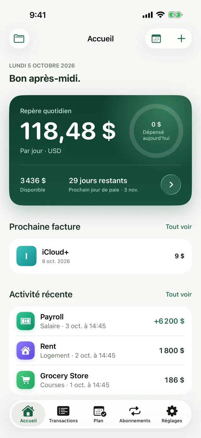 Écran d’accueil avec le repère quotidien