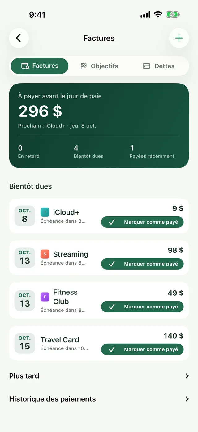 Écran des factures dues avant la paie