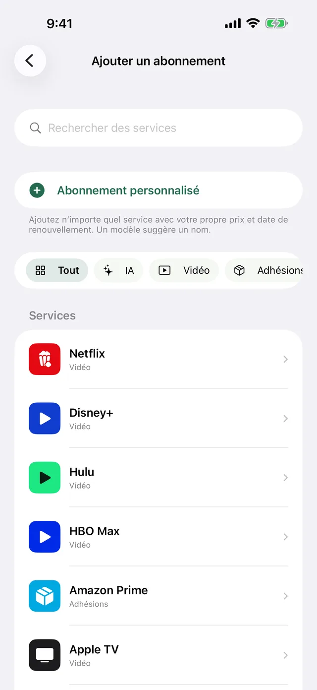 Écran d’ajout d’abonnement avec le catalogue