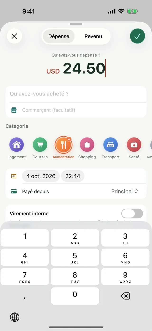 Écran de saisie rapide d’une dépense