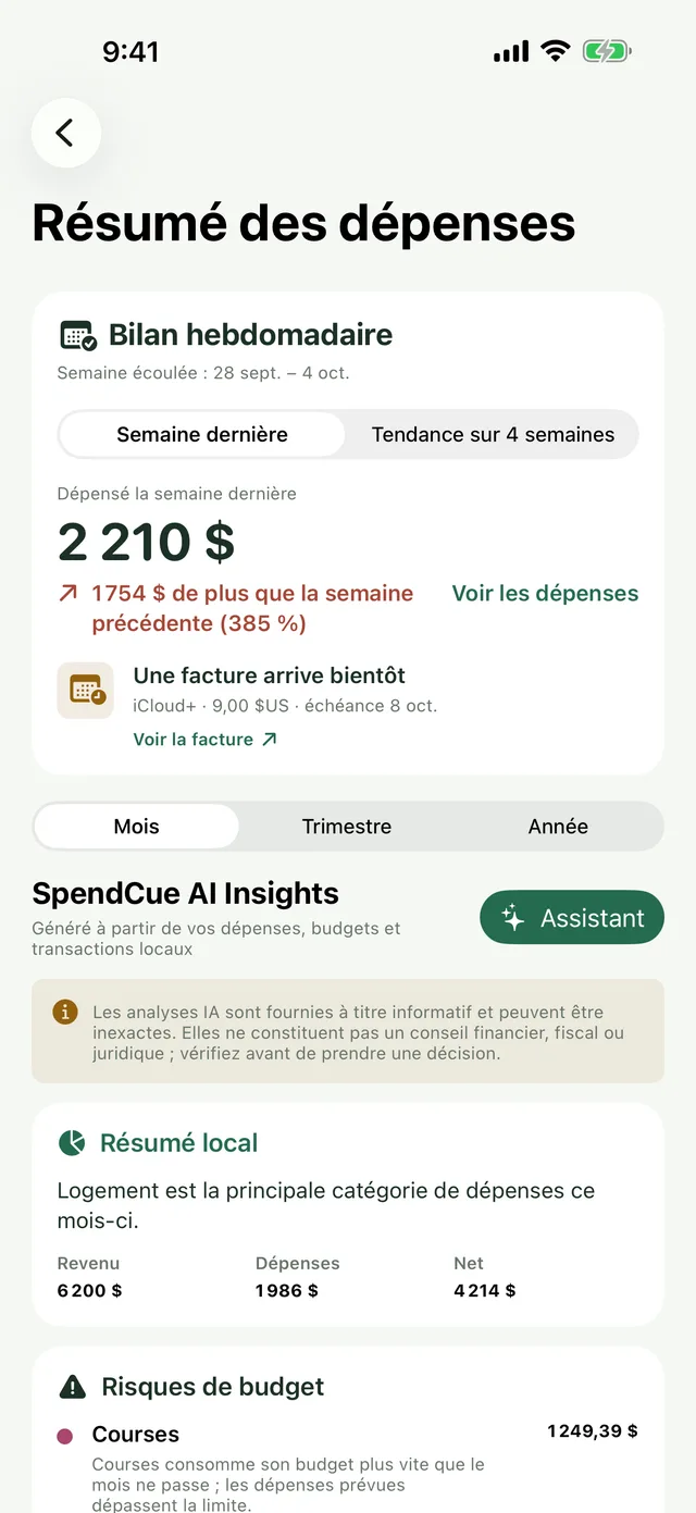 Écran du résumé des dépenses de la semaine