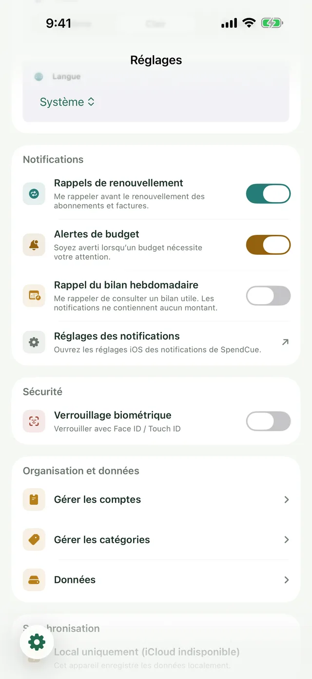 Écran des réglages avec icônes et rappels