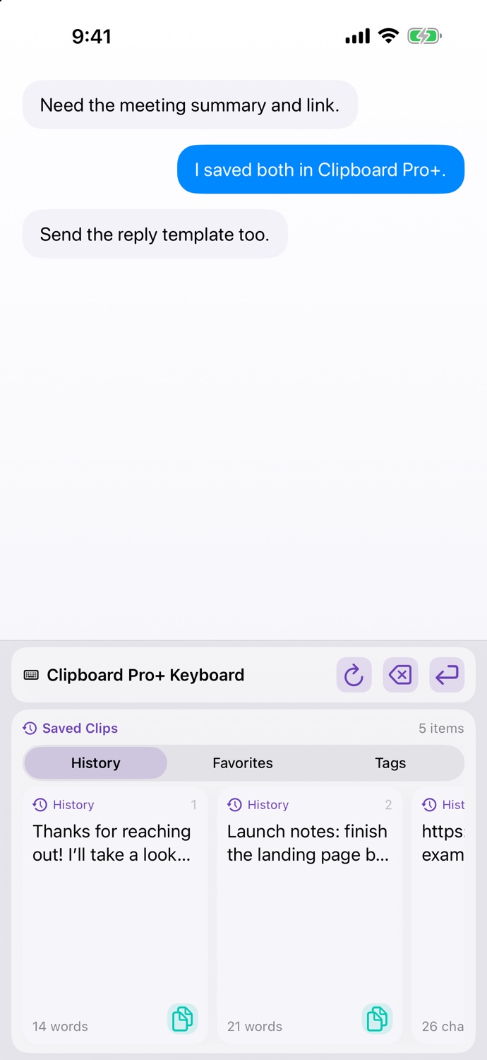 The Clipboard Pro+ keyboard inside a messaging app
