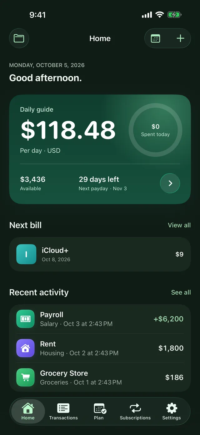 SpendCue home screen in dark mode showing the daily guide